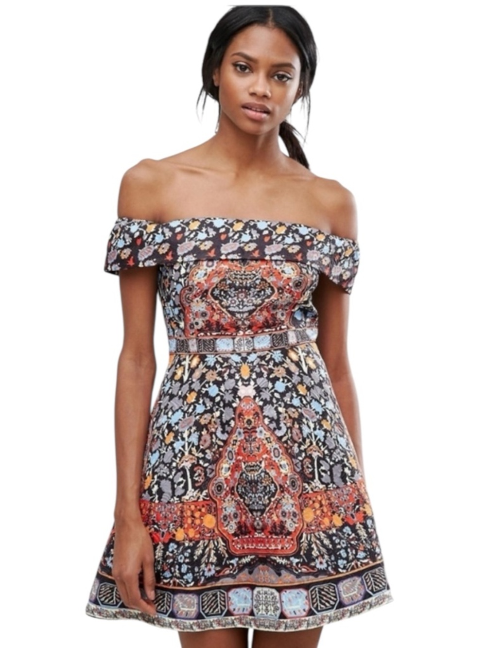 Comino Couture Bardot Vtg A Line Sz 16 Folk Print Cocktail Party Mini Dress